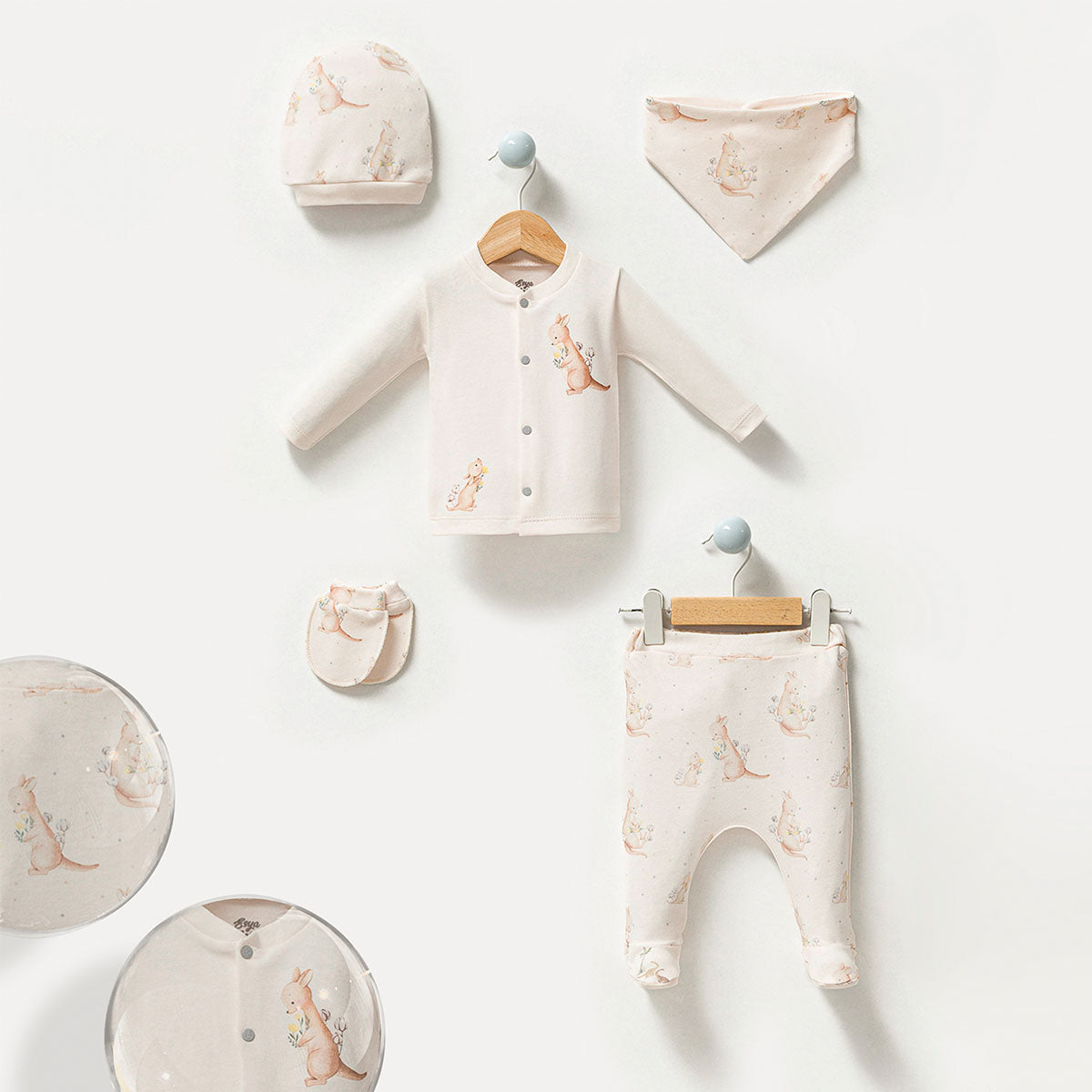 Set Nascita 5pz  unisex 100% cotone con Stampa Canguro 0-3 mesi