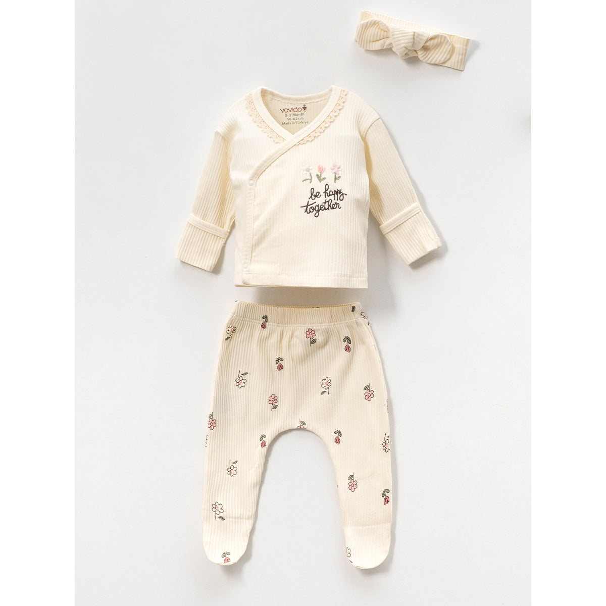 Set Neonata/ Bimba 3 Pezzi "Be Happy Together"Beige in Cotone
