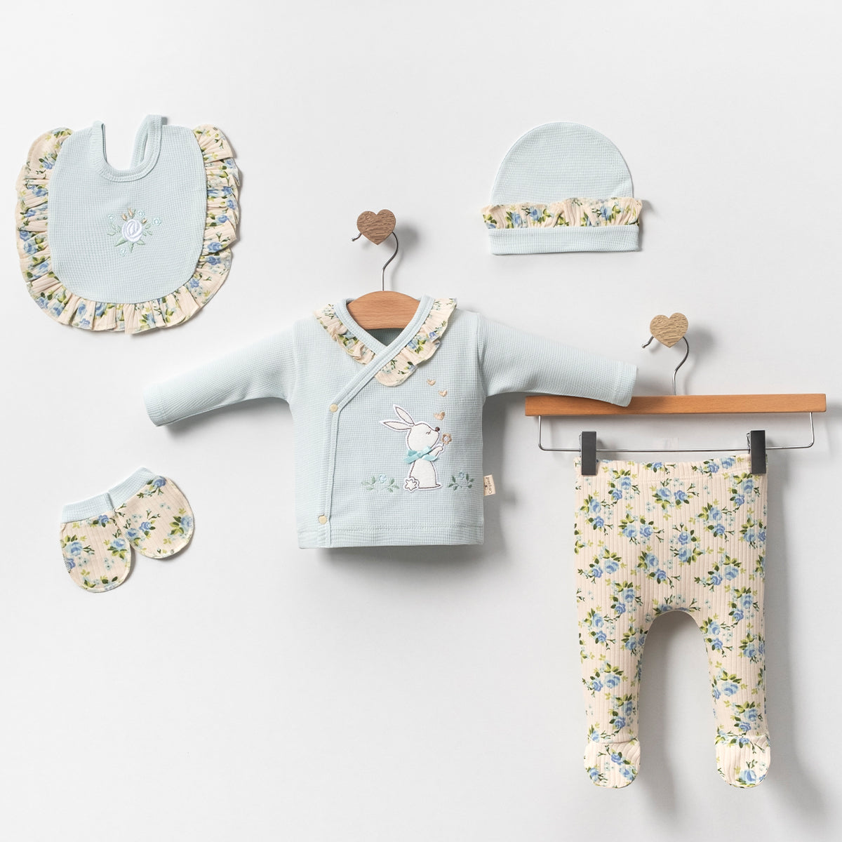 Set Neonata/ Bimba 5 pezzi Azzurro con fantasia floreale in Cotone