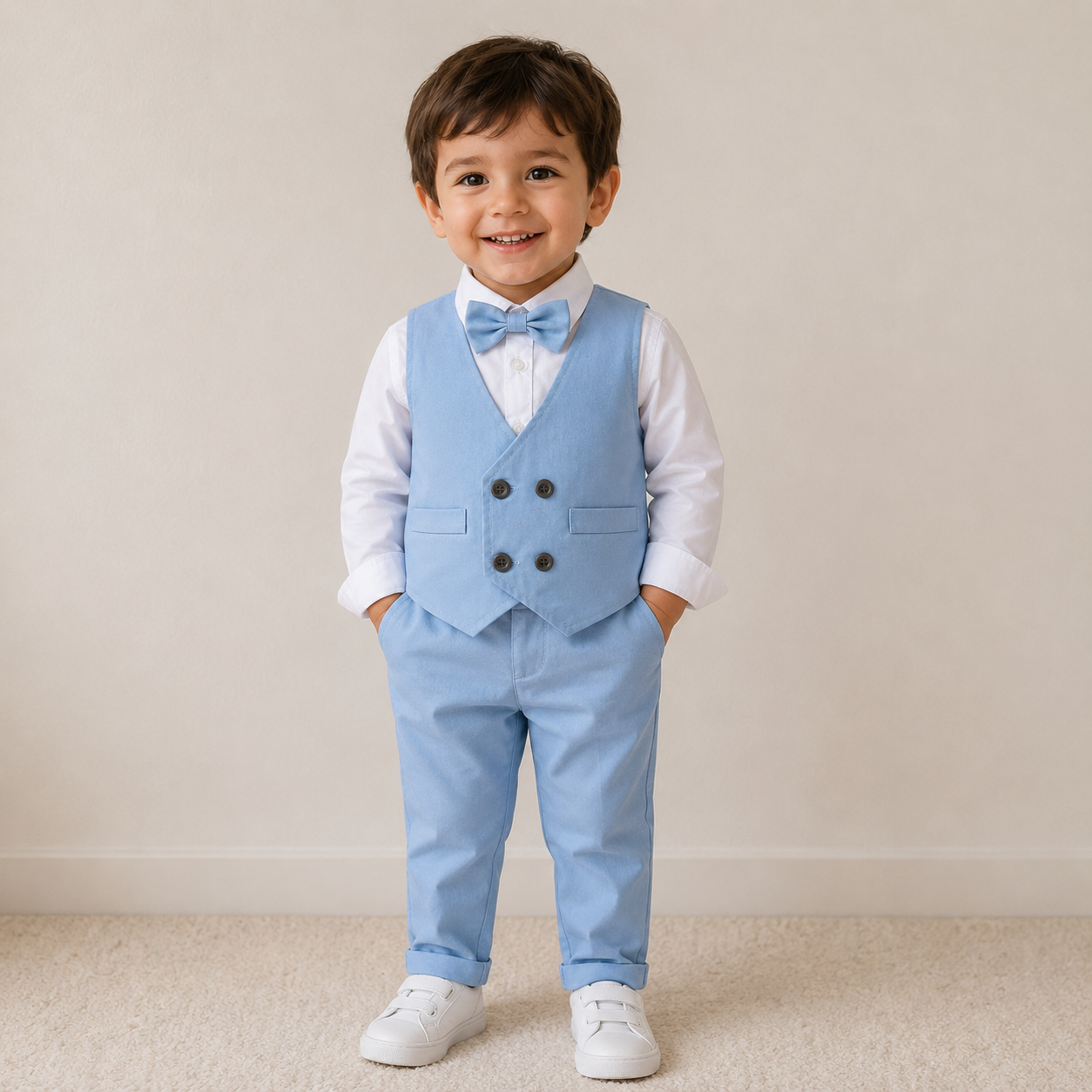 Completo elegante azzurro per bambino – 3 pezzi con camicia, gilet e pantaloni