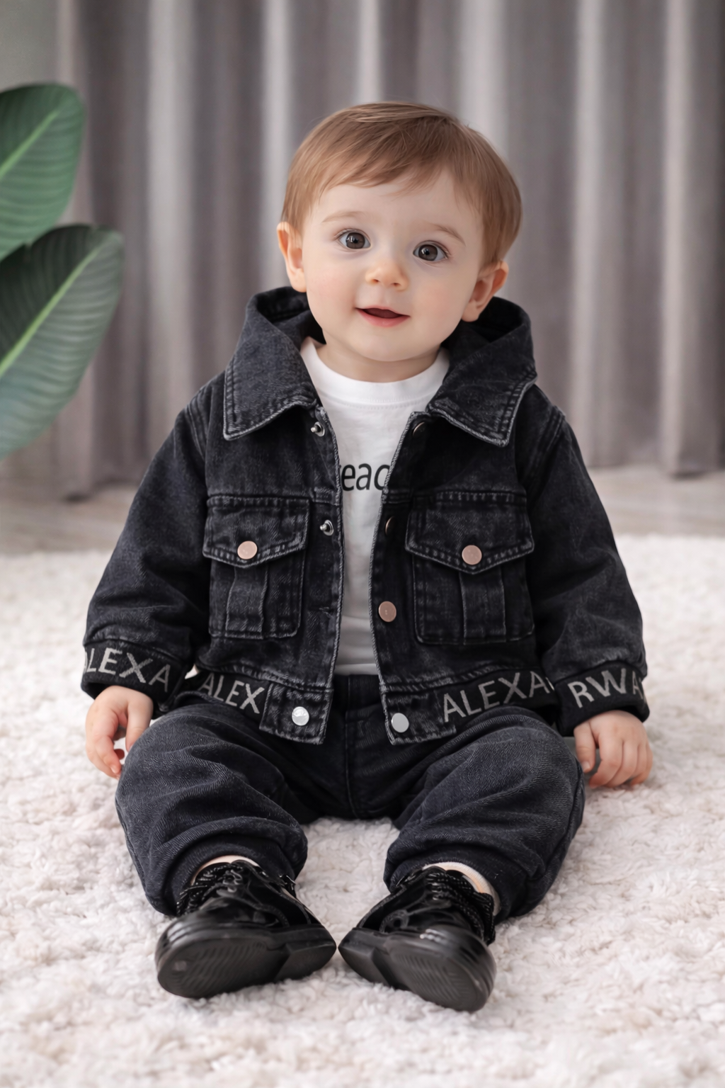 Completo bambino in denim nero con giacca e pantaloni cargo – Stile Urban