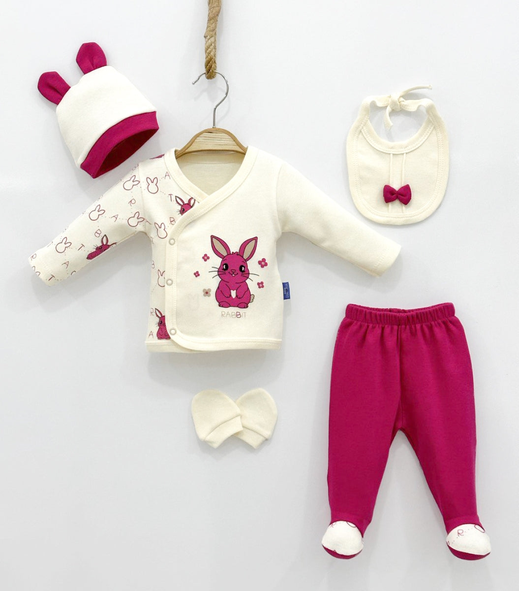 Set Neonato 5 Pezzi “Coniglietto Fucsia”  Cotone Morbido per le Prime Coccole