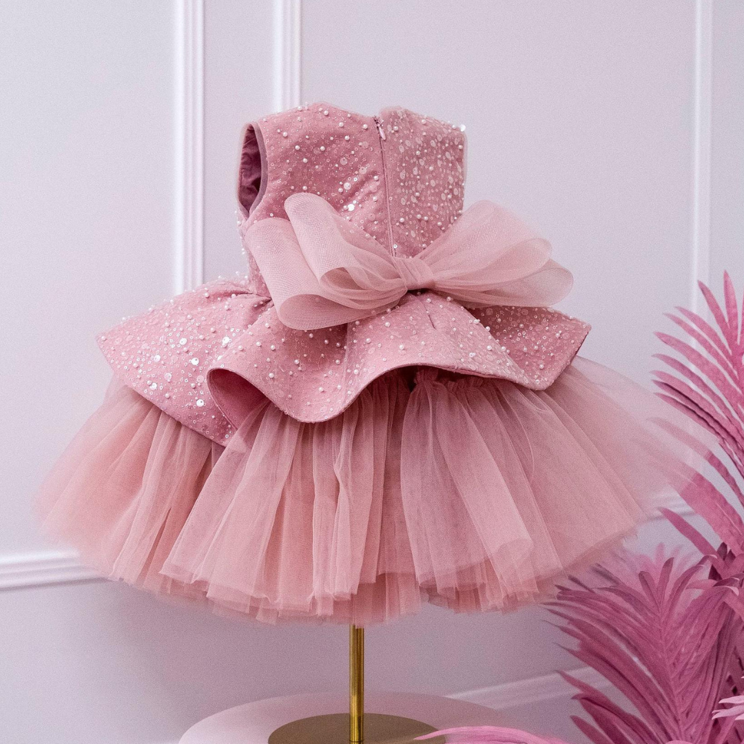 Abito da Cerimonia Bambina - Rosa Antico con Paillettes e Tulle Elegante