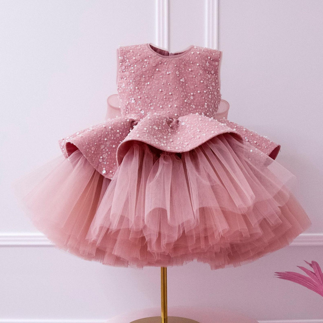 Abito da Cerimonia Bambina - Rosa Antico con Paillettes e Tulle Elegante