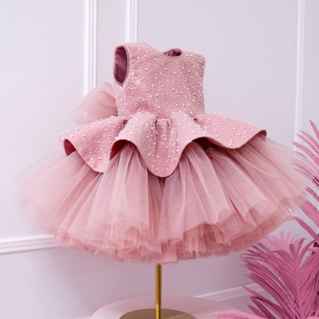 Abito da Cerimonia Bambina - Rosa Antico con Paillettes e Tulle Elegante