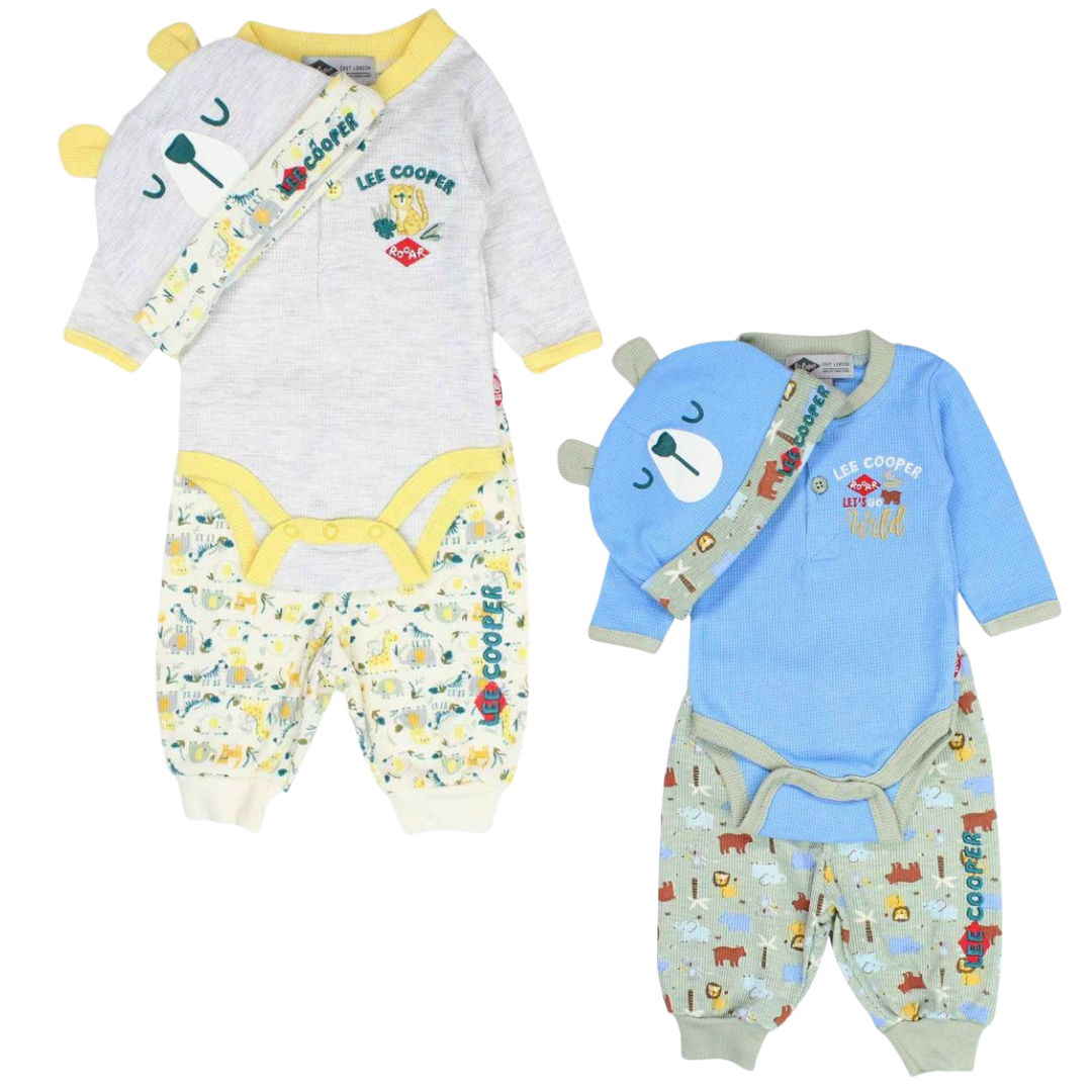 Cálido conjunto de bebé de 3 piezas de algodón con body, panatone y gorrito gris.