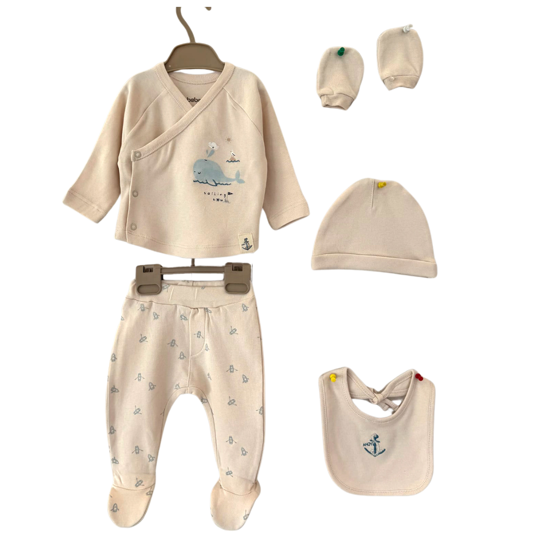 Set Nascita Neutro Bimba/ Bimbo 5 Pezzi Caldo Cotone Tema Marino