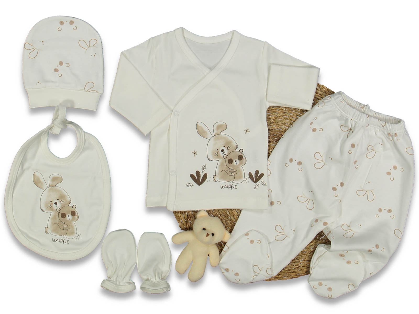 Set Nascita Neutro "Dolce Abbraccio" in Cotone Bianco e Beige