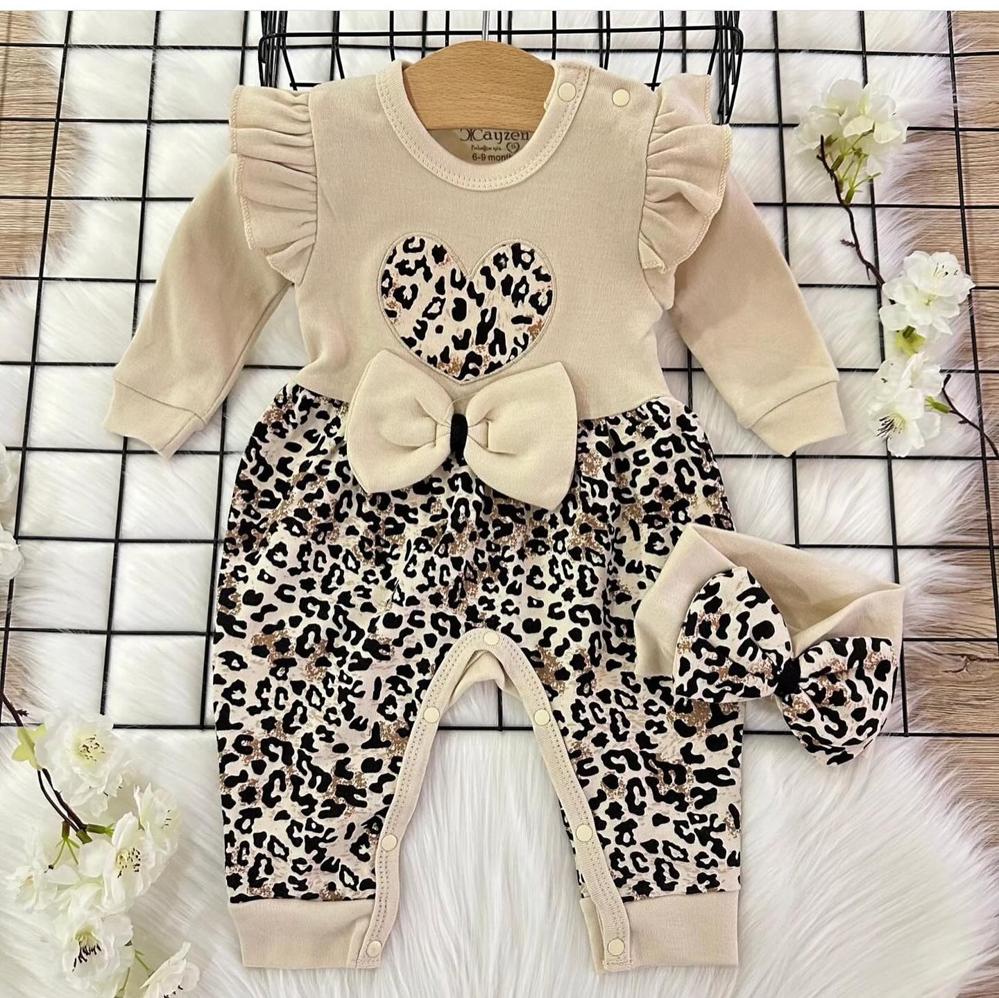 Tutina Neonata/ bimba 3 Pezzi con Stampa Leopardata e Fascia Coordinata