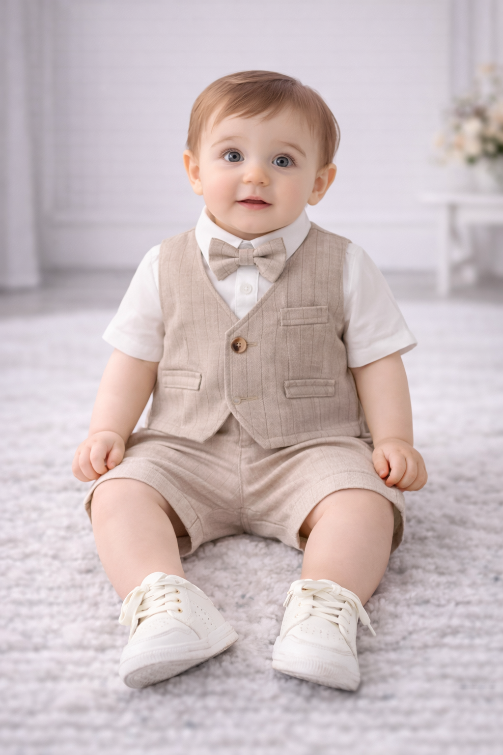 Completo Elegante Estivo Bambino 3 Pezzi – Gilet + Camicia + Shorts con Papillon