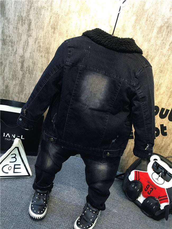 Completo Invernale Bambino  Giacca Jeans con Pelliccia, Felpa e Jeans Strappati