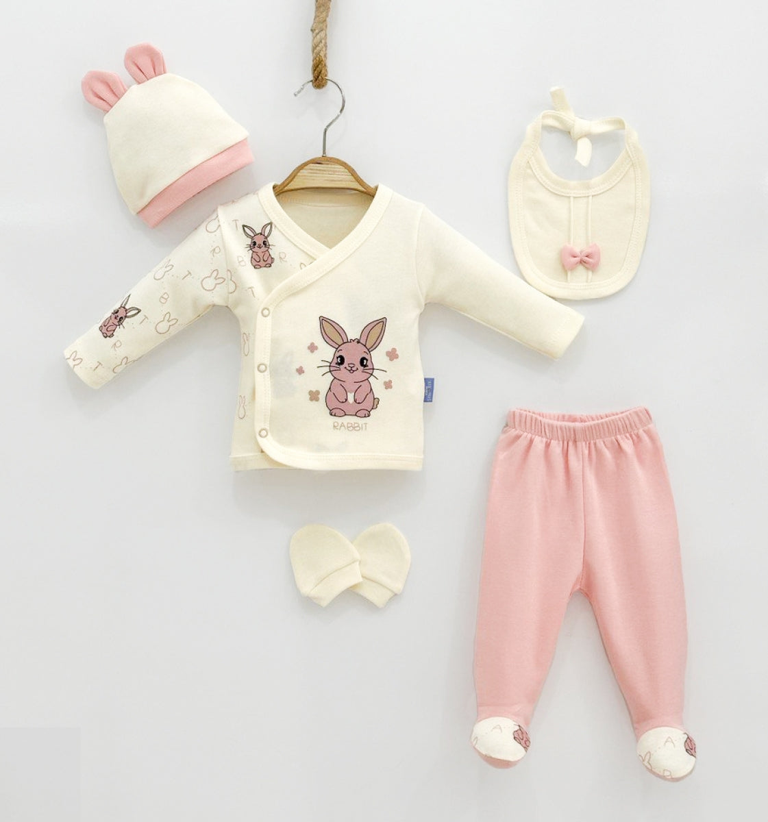 Set Neonato 5 Pezzi “Coniglietto Salmone”  Cotone Morbido per le Prime Coccole