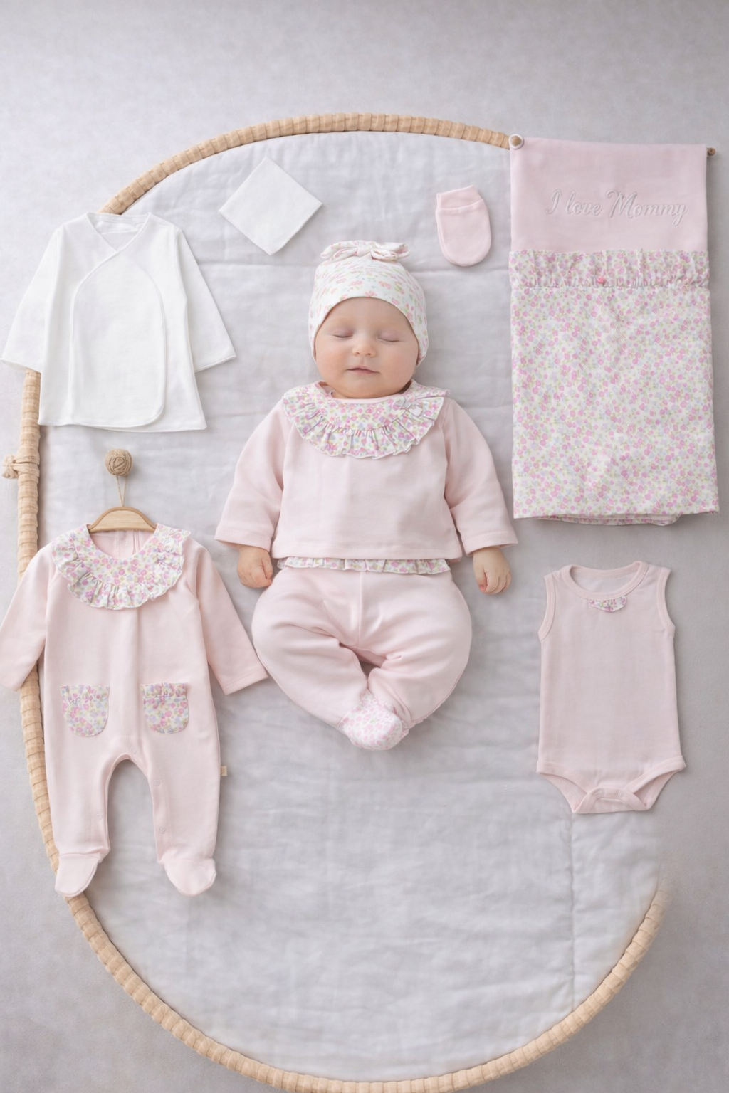 Set Neonata Rosa 10 Pezzi con Dettagli Floreali – Eleganza e Delicatezza