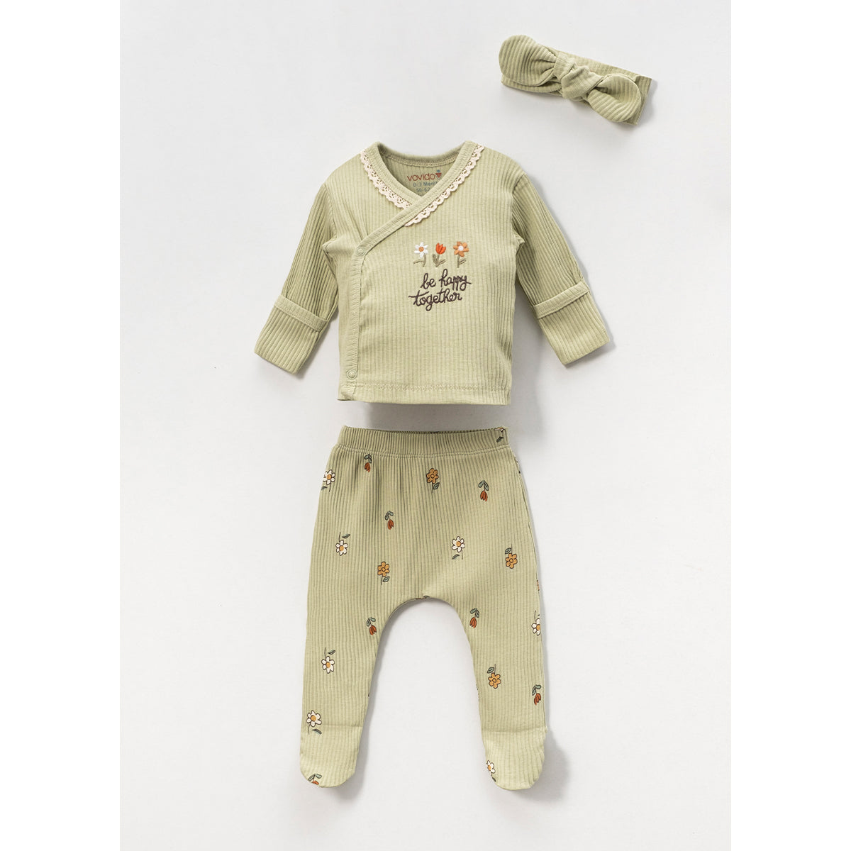 Set Neonata/Bimba 3 Pezzi "Be Happy Together" verde salvia in Cotone