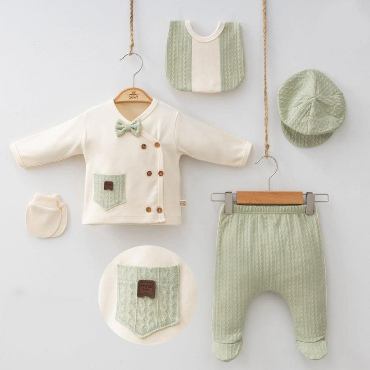 Set Neonato/ Bimbo 5 Pezzi cotone Verde salvia e crema