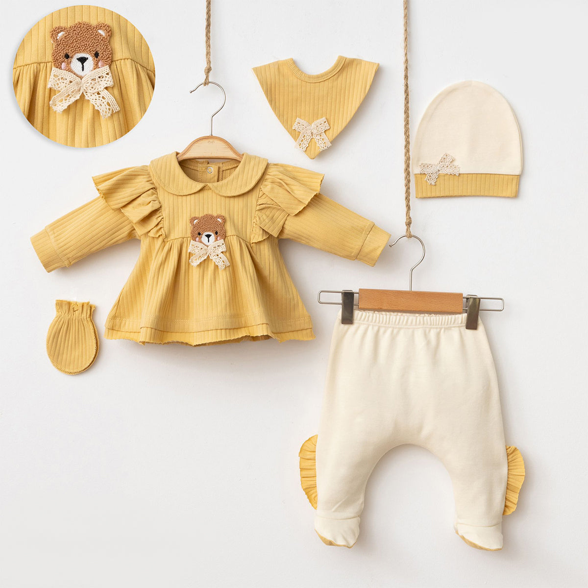 Set Caldo Cotone Bimba/ Neonata Vintage Orsetto Giallo 5pz 0-3 mesi