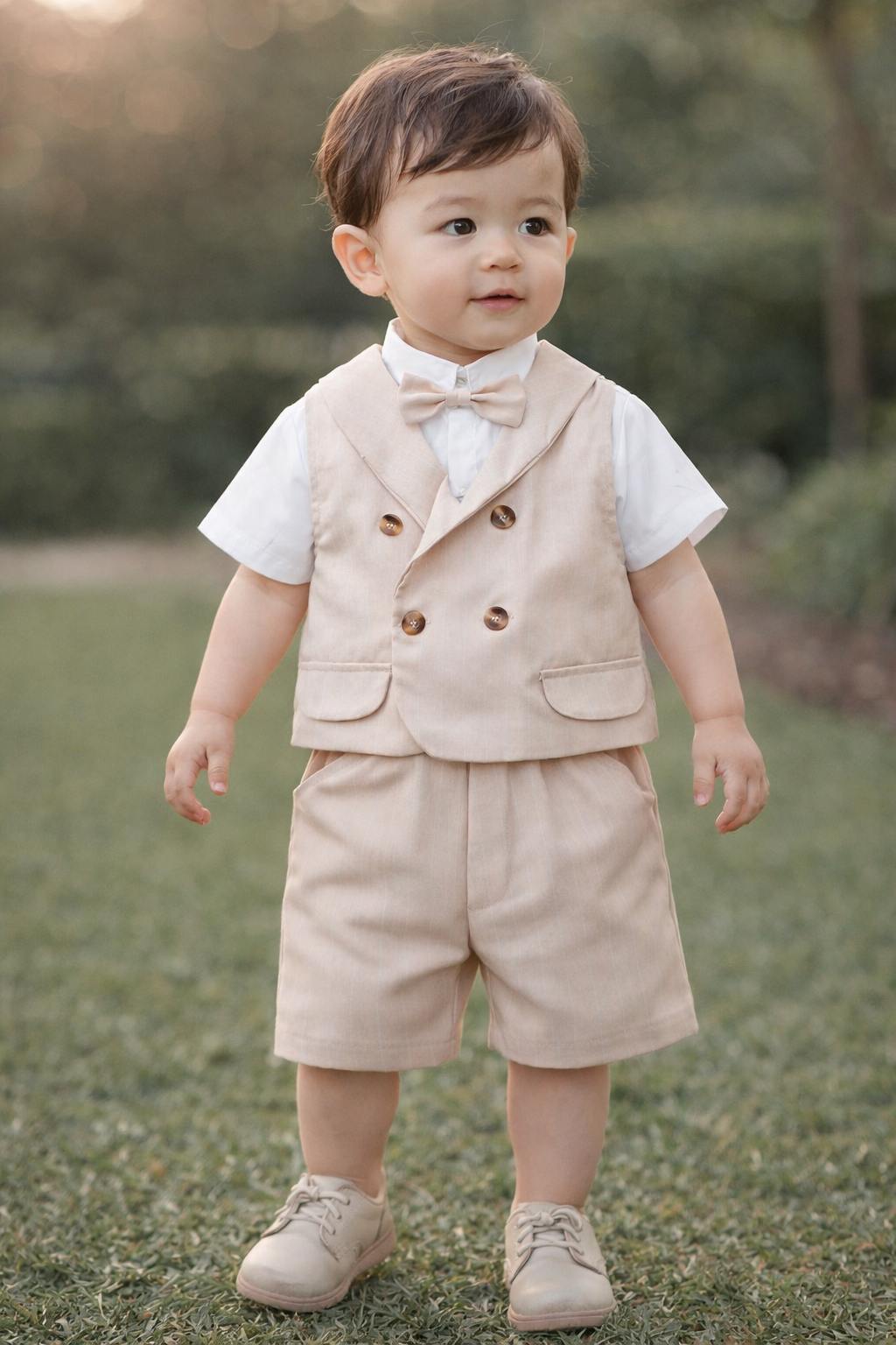 Completo Elegante 3 Pezzi per Bambino – Gilet Doppiopetto, Camicia e Pantaloncini