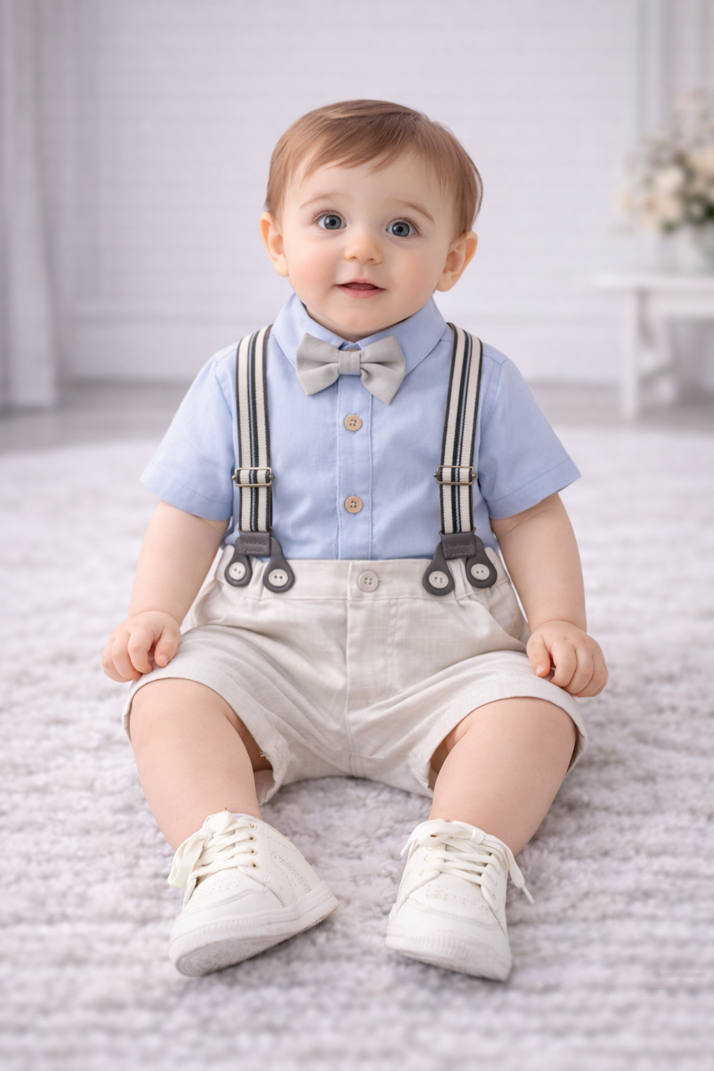 Completo Elegante Neonato 2 Pezzi  Camicia con Papillon e Pantaloncini con Bretelle