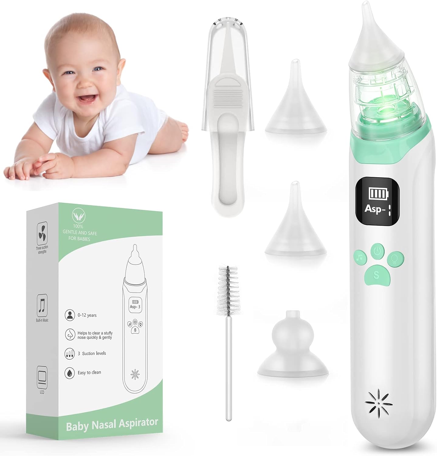 Baby Aspiratore nasale elettrico per neonati con 3 livelli di aspirazione & musica e luce, anti-riflusso per muco/moccio/popel, aspiratore nasale