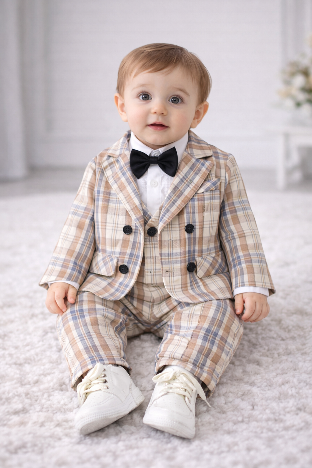 Completo Elegante Bimbo 3 Pezzi a Quadri – Giacca, Camicia con Papillon e Pantalone