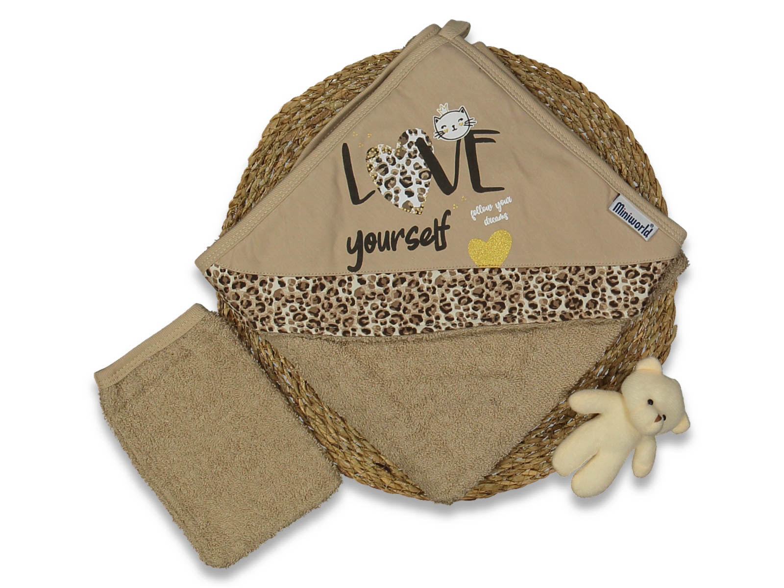 Set Asciugamano con Cappuccio "Love Yourself" in Spugna marrone