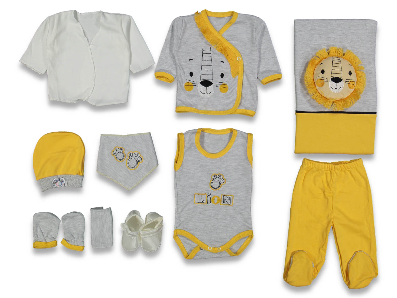Set Neonato 10 Pezzi in Cotone  Tema Leone Giallo e Grigio