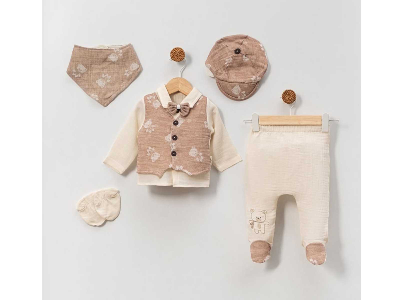 Set Neonato/ Bimbo Elegante 5 Pezzi in Cotone – Stile Raffinato Beige