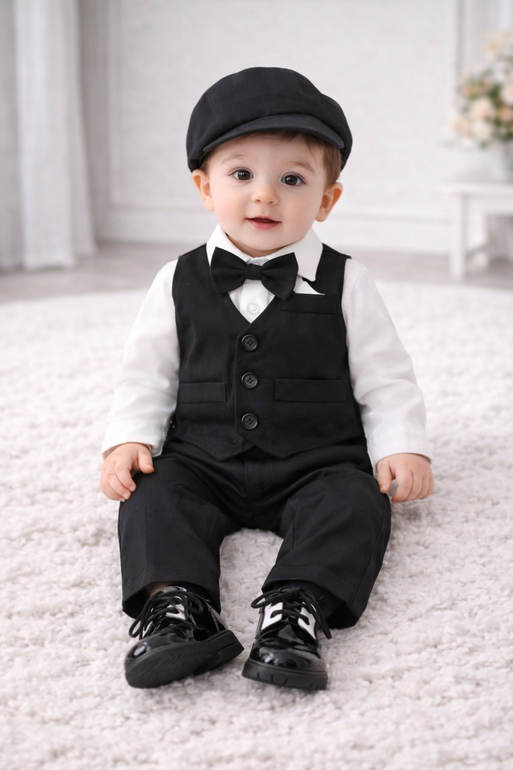 Completo Elegante Bambino 5 Pezzi  Body, Gilet, Pantaloni, Bretelle e Cappello