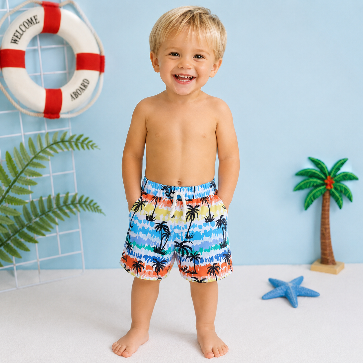 Costume Mare Bambino con Palma e Fantasia Multicolor