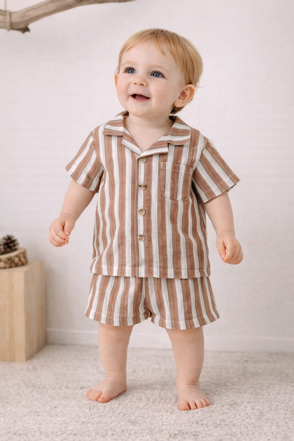 Completo Estivo Bimbo Marrone a Righe  Camicia e Shorts Coordinati