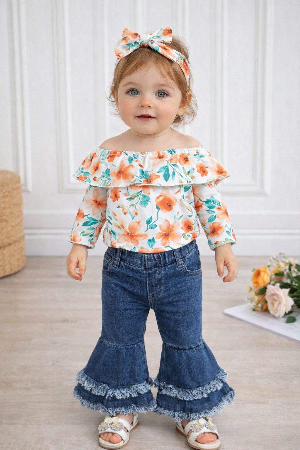 Completo bimba 3 pezzi jeans+maglietta+fascia