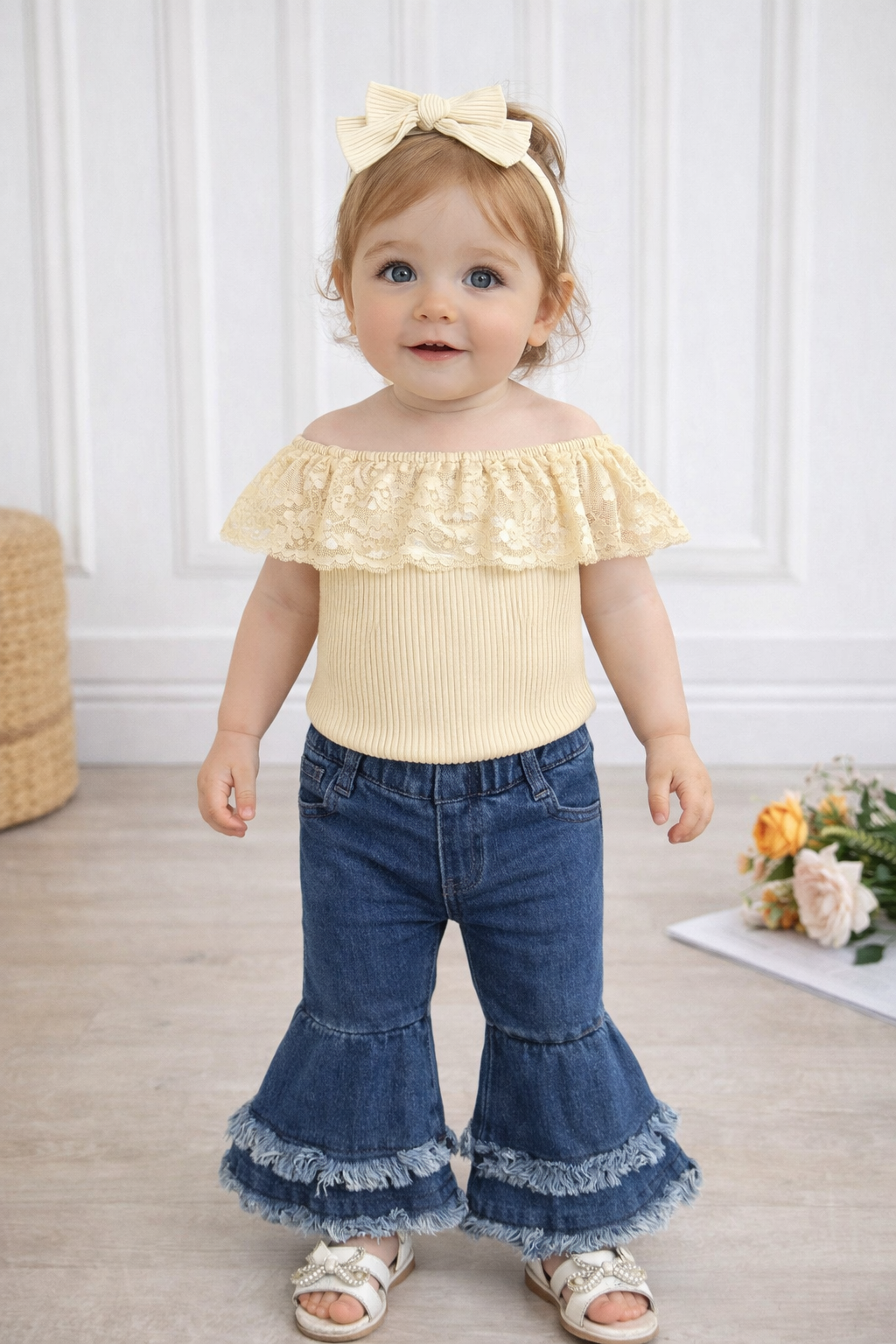 Completo bimba 3 pezzi jeans+maglietta+fascia