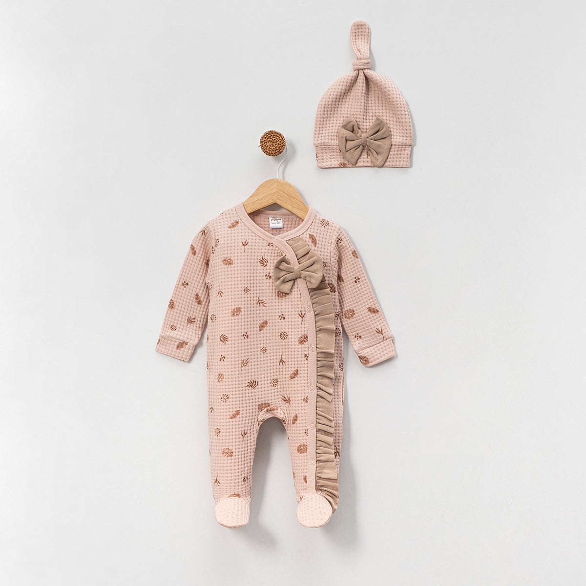 Tutina Neonata/ Bimba in Cotone Waffle rosa con Fiocco + Cappellino