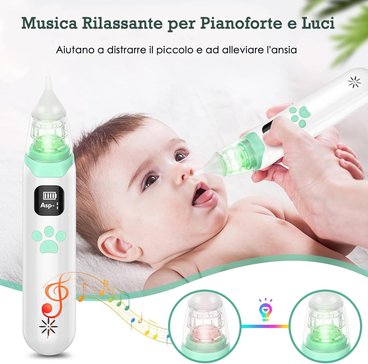 Baby Aspiratore nasale elettrico per neonati con 3 livelli di aspirazione & musica e luce, anti-riflusso per muco/moccio/popel, aspiratore nasale