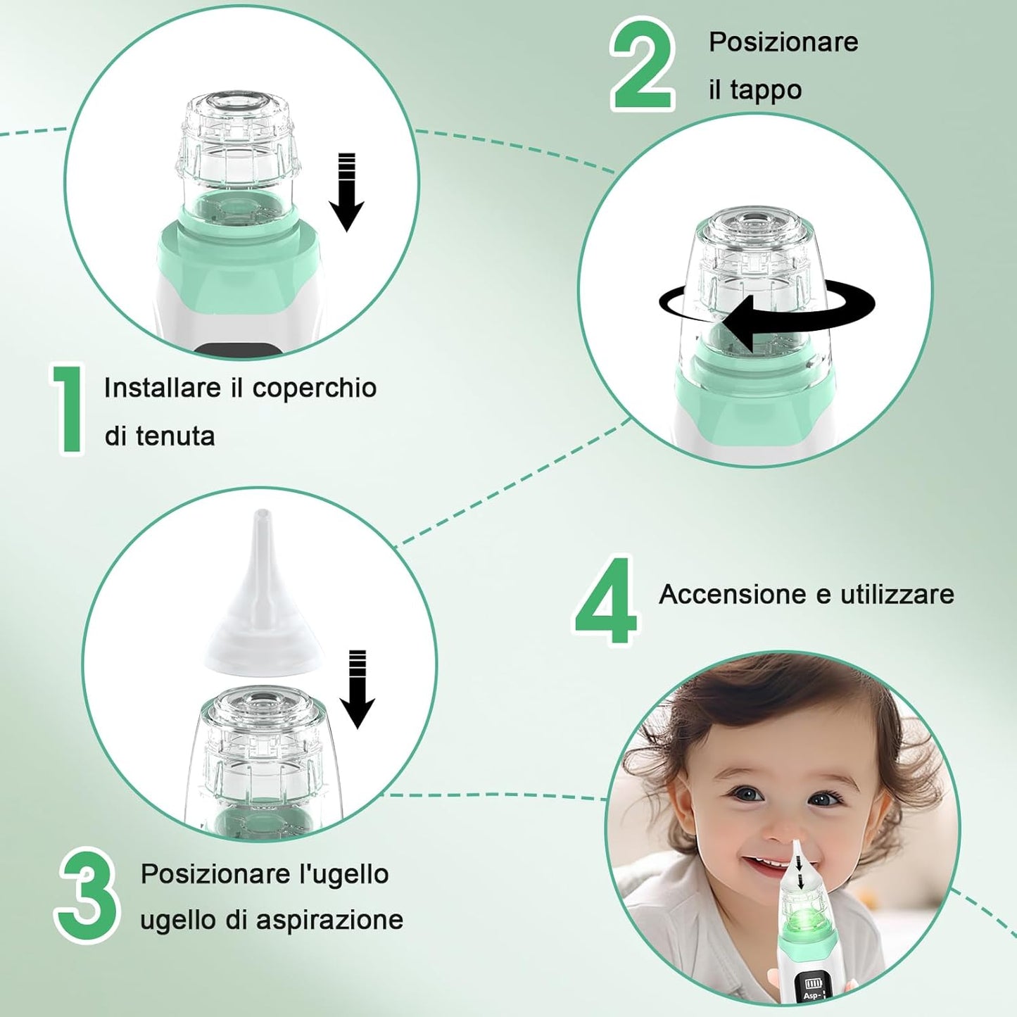 Baby Aspiratore nasale elettrico per neonati con 3 livelli di aspirazione & musica e luce, anti-riflusso per muco/moccio/popel, aspiratore nasale