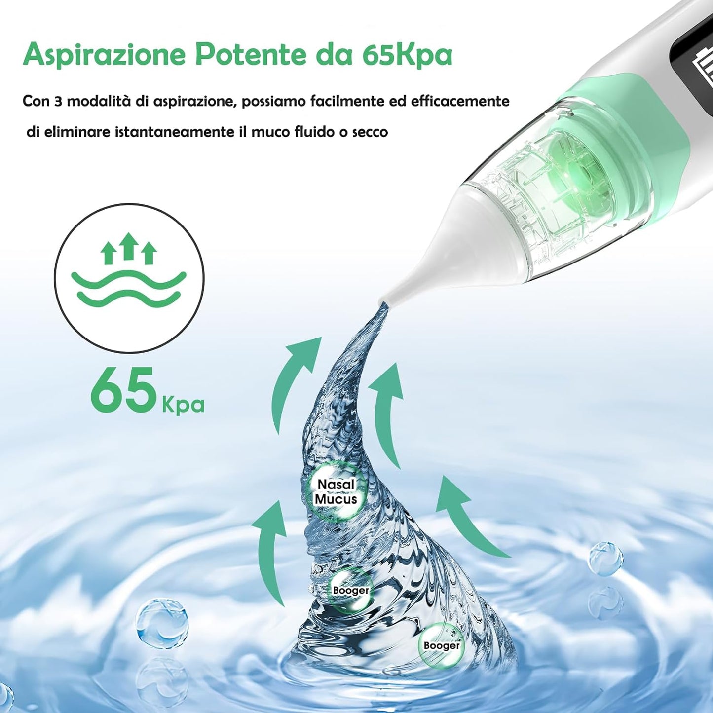 Baby Aspiratore nasale elettrico per neonati con 3 livelli di aspirazione & musica e luce, anti-riflusso per muco/moccio/popel, aspiratore nasale