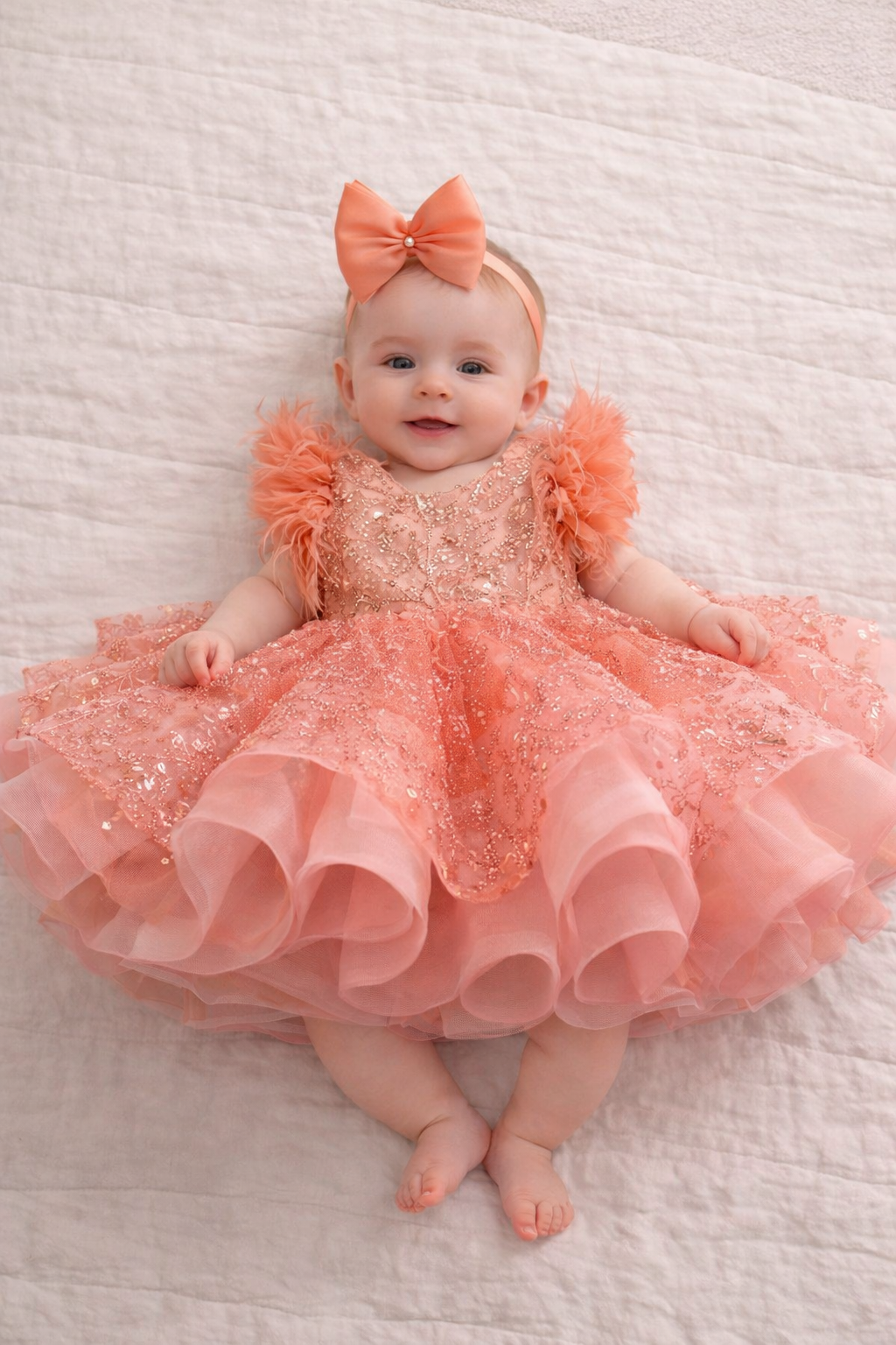 Vestito cerimonia elegante bambina con piume e ricami glitter