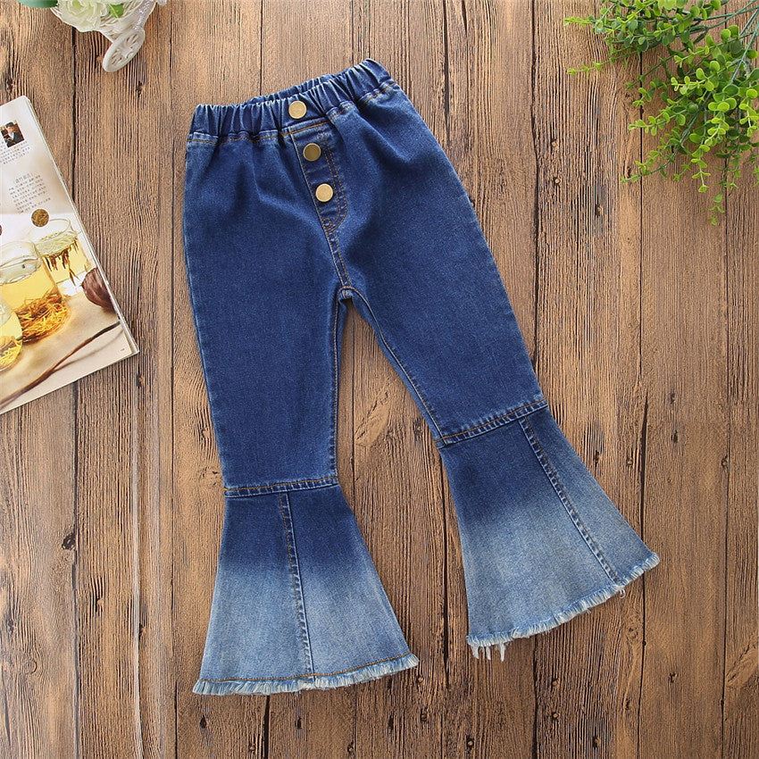 Jeans Bambina a Zampa con Bottoni Decorativi e Orlo Sfrangiato