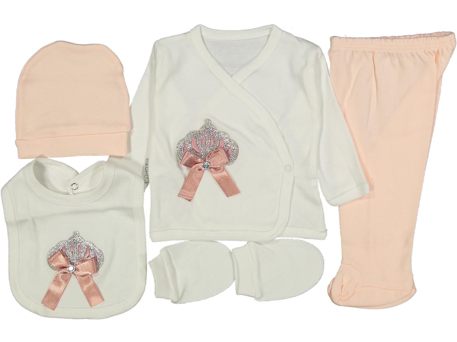 Set Neonata 5 Pezzi con Corona e Fiocco 0-3 mesi