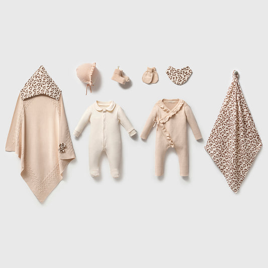 Set Nascita 8 Pezzi Neonata   Eleganza Safari con Dettagli Leopardati beige