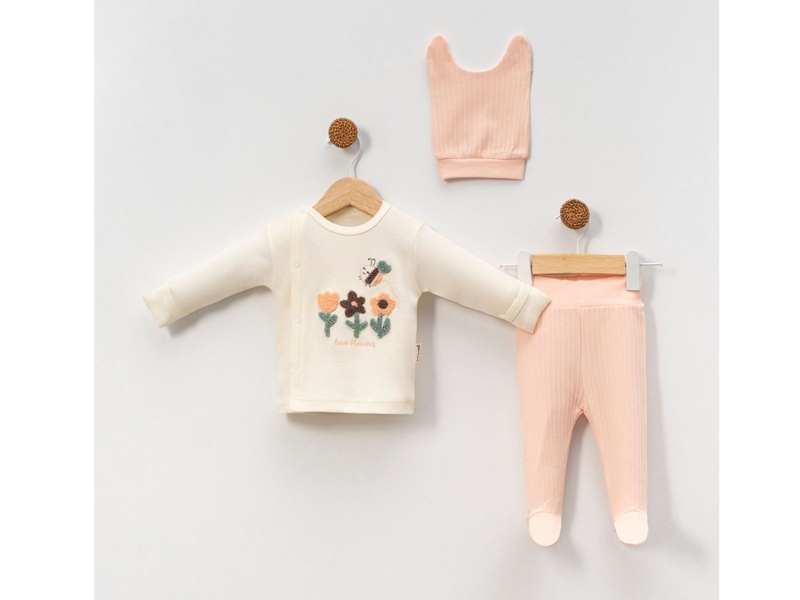 Set Neonato 3 Pezzi "Bee Happy"   Fiori Arancio e Pantaloni Pesca