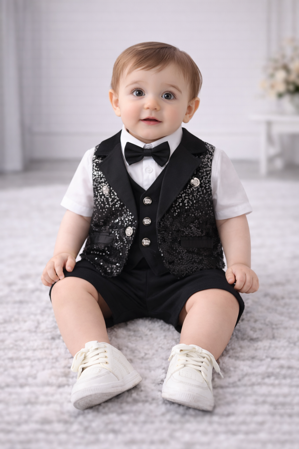 Completo elegante bimbo con gilet paillettato  3 pezzi Nero & Bianco