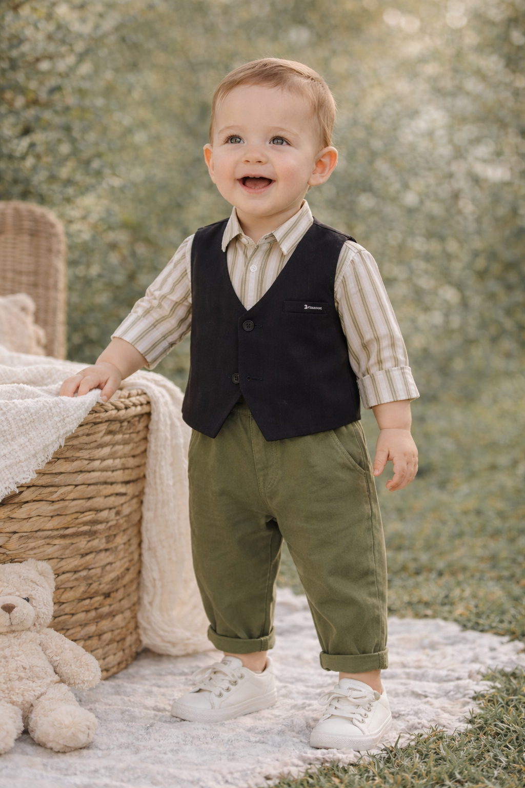 Completo bambino 3 pezzi – Camicia a righe, gilet nero e pantaloni verdi