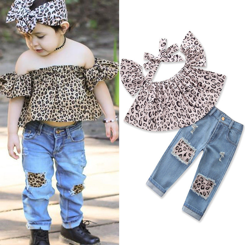 Set 3 Pezzi Bambina con Stampa Animalier e Jeans