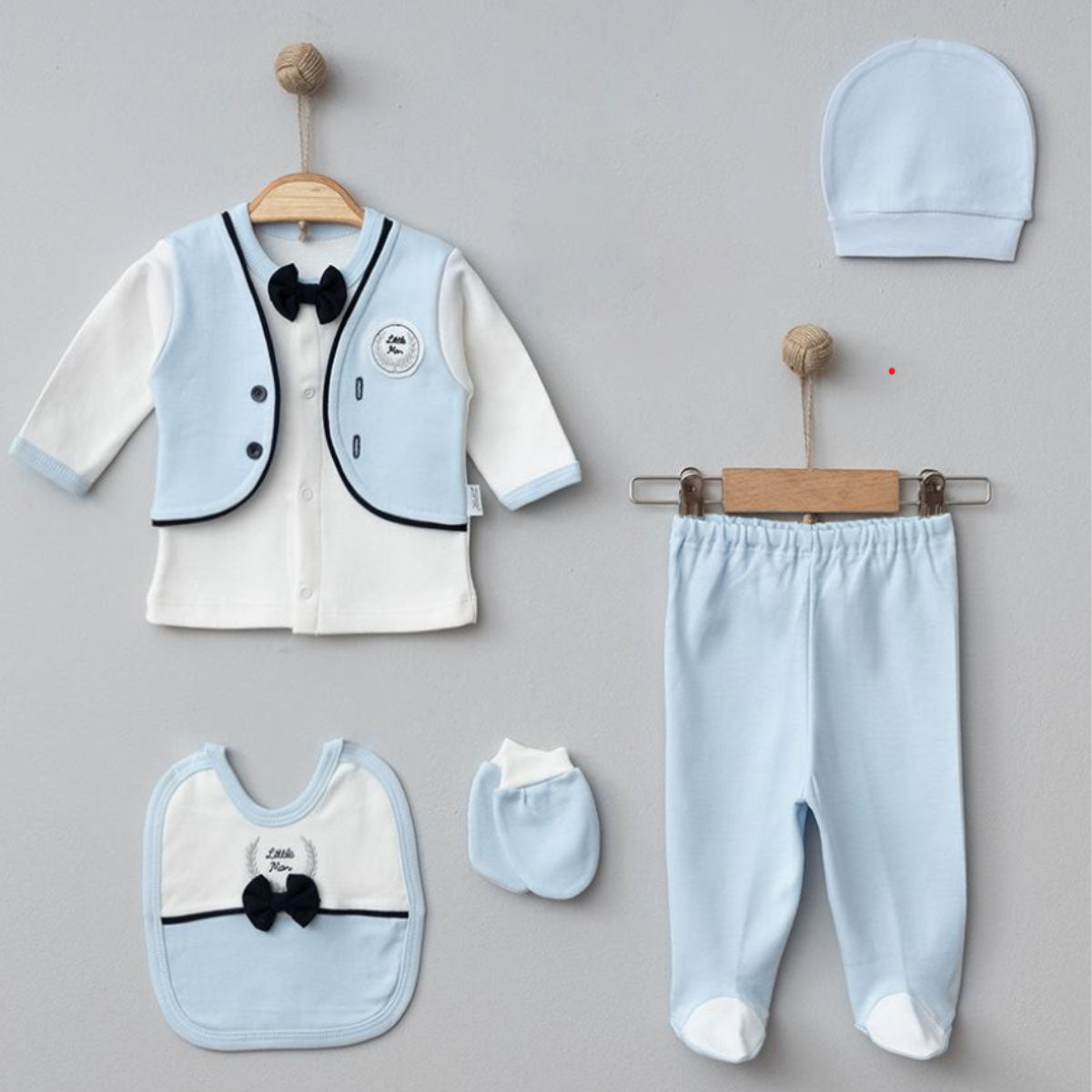 Set Neonato/ Bimbo Elegante 5 Pezzi caldo cotone Smoking con Papillon Azzurro