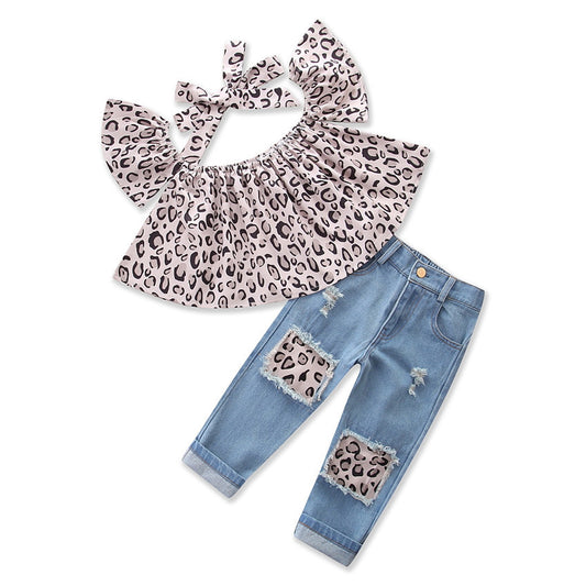 Set 3 Pezzi Bambina con Stampa Animalier e Jeans