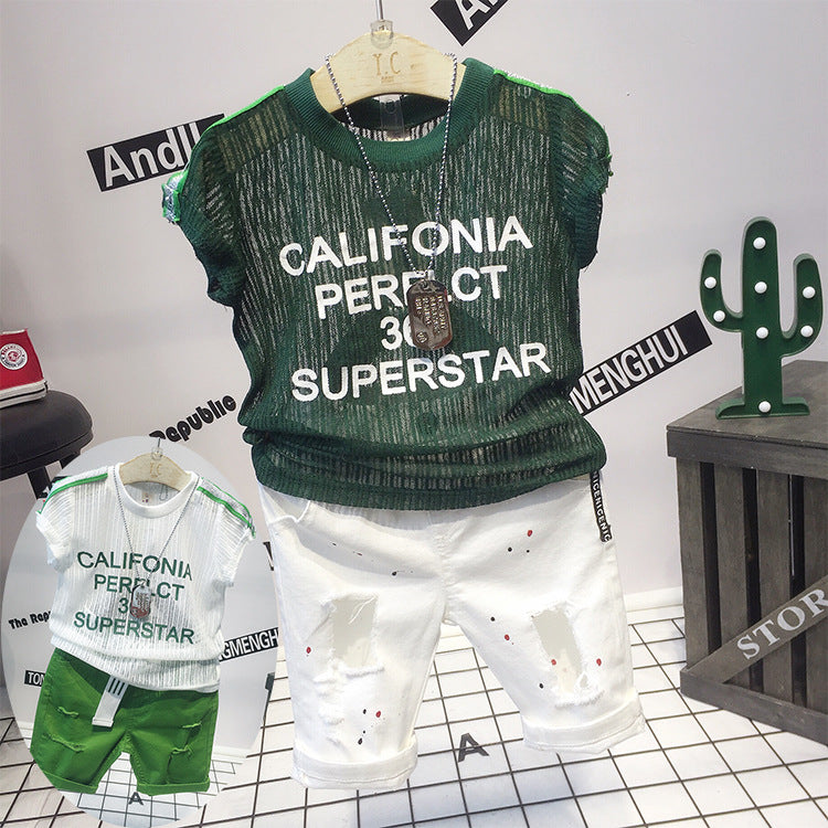 Completo Estivo Bambino - T-shirt Rete “California Superstar” e Shorts Strappati