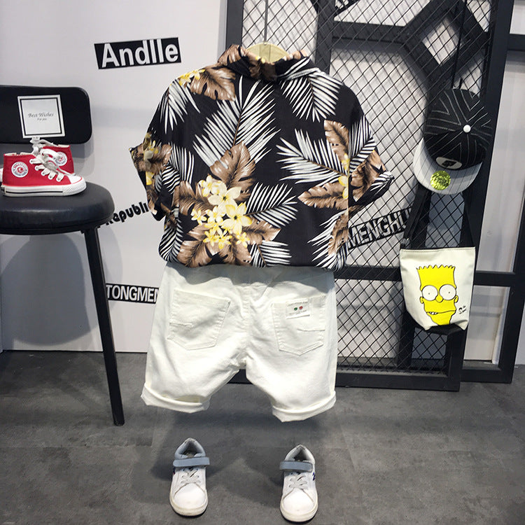 Completo Estivo Bambino  Camicia Tropicale e Shorts Bianchi