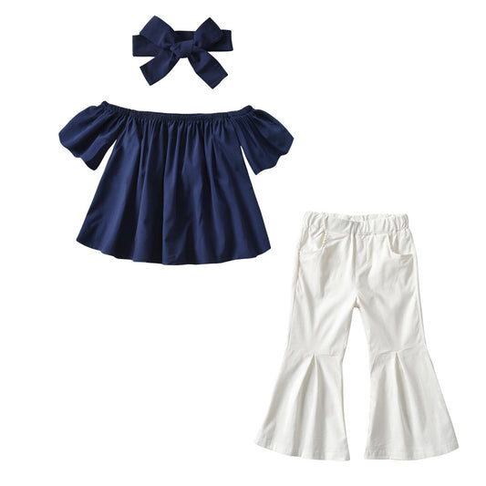 Completo Elegante  Estivp Bambina con Top a Spalle Scoperte e Pantaloni Svasati