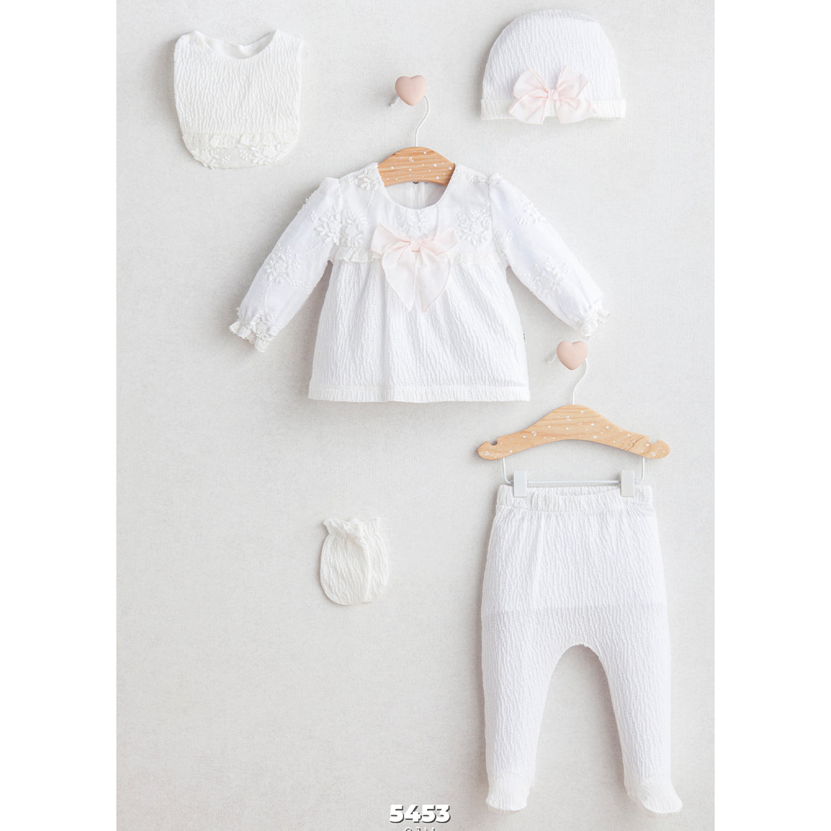 Set Bimba/ Neonata 5 pezzi con Fiocco 100% Cotone bianco
